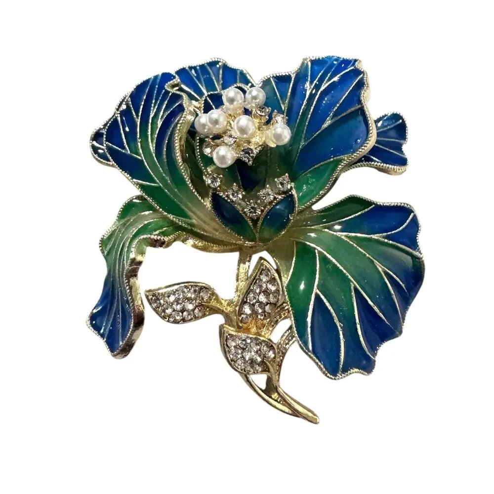 Blue, Green and Gold Plated and Rhinestone Brooch #22138 - Picture 5 of 6